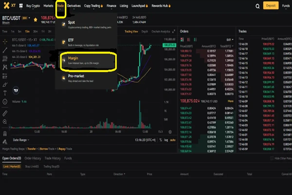 برای انجام معاملات مارجین در صرافی ایکس تی، داشبود بخش Margin Trading را فعال کنید